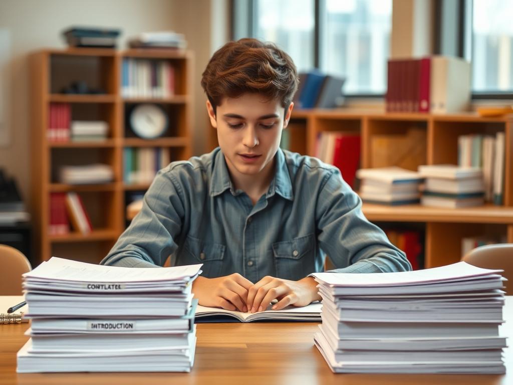 Research paper structure guide showing a student organizing paper sections