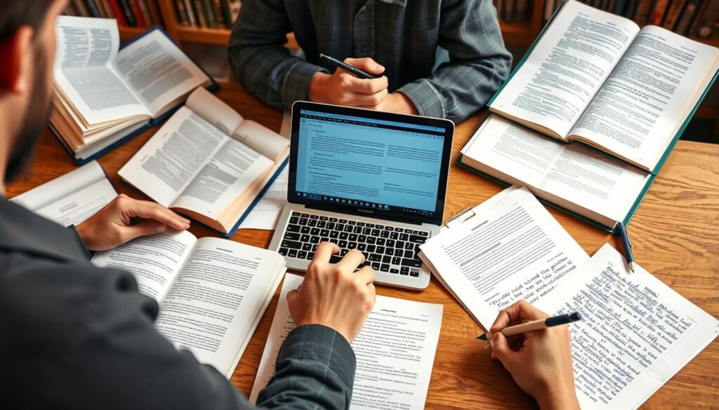 researcher analyzing multiple sources